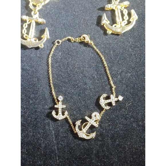 Anchor Shaped Enameled Earrings & Anchor Hook Fishing Boat Bracelet Golden - Picture 12 of 13